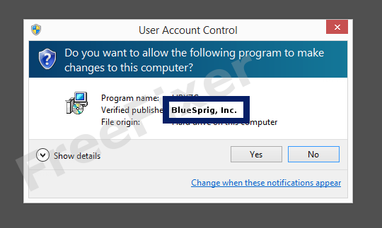 Screenshot where BlueSprig, Inc. appears as the verified publisher in the UAC dialog
